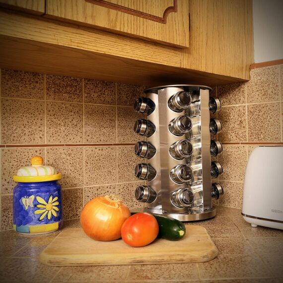 Gewürzkarussell 360°drehbar Gewürzregal, 20 Gewürzgläsern(ohne Inhalt),Lebensmittelqualität 430-Edelstahl Rotationsküchen Gewürzständer,Gewürzdosen zum Streuen,mit Etikettenpapier und Schreibstift