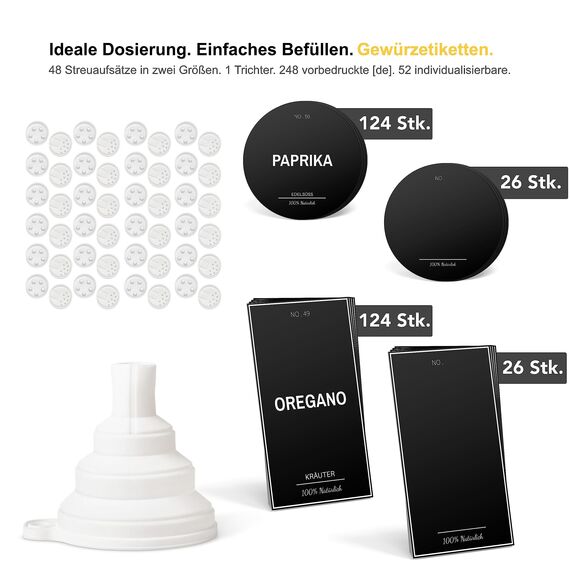 Greeano Gewürzgläser Set mit Holzdeckel [24x 120ml] und 300 Gewürzetiketten [DE] - Gewürze Aufbewahrung mit Streueinsatz - Gewürzdosen Bambus - Gewürzbehälter Holz - Spice Jars Bambusdeckel