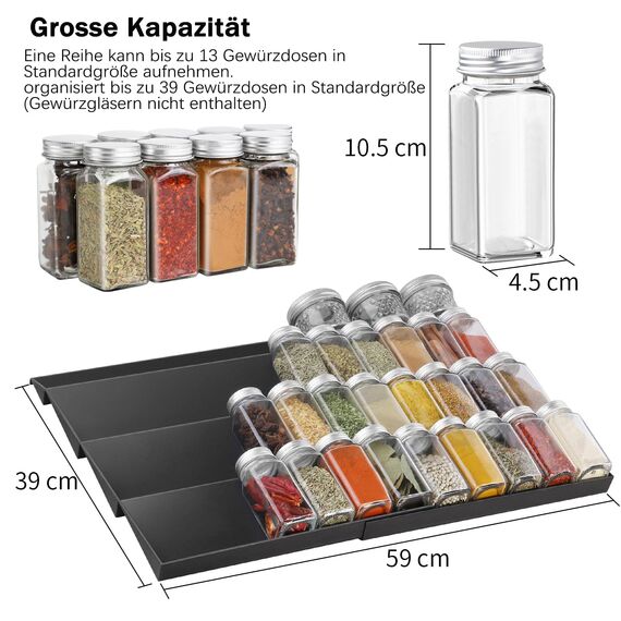 Okiuen Gewürzregal Schublade Gewürz Organizer Schubladeneinsatz Einstellbare Breite Gewürzhalter von 30cm bis 60cm Gewürzschublade Ordnungssystem Gewürzeinsatz