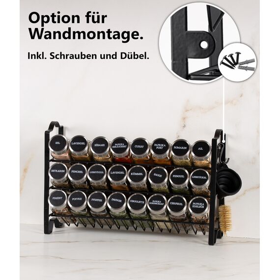 Deco haus® Gewürzregal Stehend & Wand [MIT GEWÜRZDOSEN & ETIKETTEN] - Spices Gewürz Organizer - Spice Rack - Gewürzständer - Gewürzregalsystem Hängend - Gewürzaufbewahrung - Gewürzgläser mit Regal