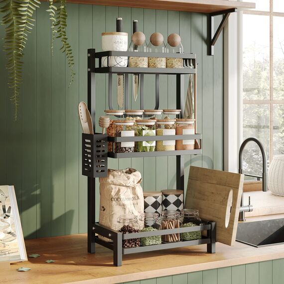 NETEL Multifunktional Gewürzregal Stehend, 3 Etagen Rostfrei Gewürzständer/Gewürzhalter, Küchenregal Organizer für Arbeitsplatte Aufbewahrung mit Utensilienhalter, Schneidebretthalter, Haken, Schwarz