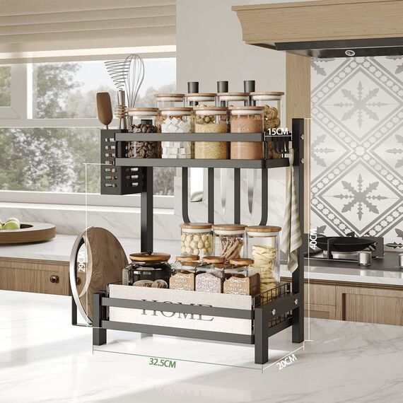 NETEL Multifunktional Gewürzregal Stehend, 2 Etagen Rostfrei Gewürzständer/Gewürzhalter, Küchenregal Organizer für Arbeitsplatte Aufbewahrung mit Utensilienhalter, Schneidebretthalter, Haken, Schwarz