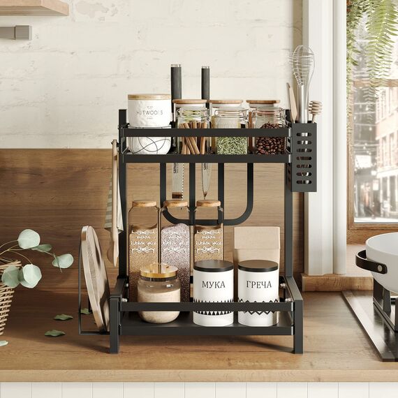 NETEL Multifunktional Gewürzregal Stehend, 2 Etagen Rostfrei Gewürzständer/Gewürzhalter, Küchenregal Organizer für Arbeitsplatte Aufbewahrung mit Utensilienhalter, Schneidebretthalter, Haken, Schwarz