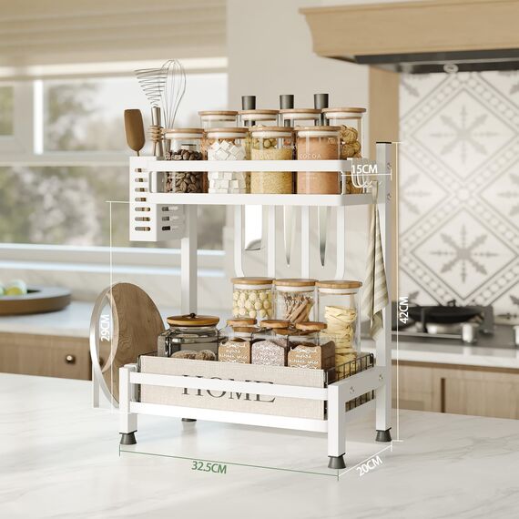 NETEL Multifunktional Gewürzregal Stehend, 2 Etagen Rostfrei Gewürzständer/Gewürzhalter, Küchenregal Organizer für Arbeitsplatte Aufbewahrung mit Utensilienhalter, Schneidebretthalter, Haken, Weiß