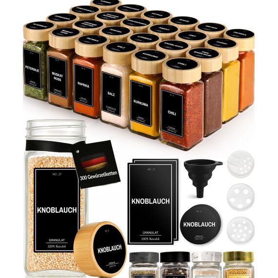 Greeano Gewürzgläser Set mit Holzdeckel [24x 120ml] und 300 Gewürzetiketten [DE] - Gewürze Aufbewahrung mit Streueinsatz - Gewürzdosen Bambus - Gewürzbehälter Holz - Spice Jars Bambusdeckel