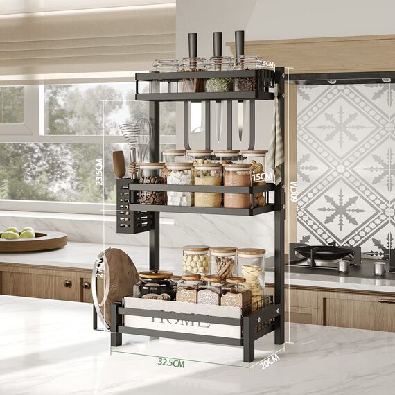 NETEL Multifunktional Gewürzregal Stehend, 3 Etagen Rostfrei Gewürzständer/Gewürzhalter, Küchenregal Organizer für Arbeitsplatte Aufbewahrung mit Utensilienhalter, Schneidebretthalter, Haken, Schwarz