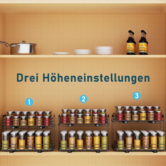 MAYZOLOP Gewürzregal Ausziehbar, Schrank Organizer Küche, 2 Etagen Gewürzaufbewahrung, Oberen und unteren Körbe können unabhängig herausgezogen werden, Höhenverstellbar für die meisten Küchenschränke1