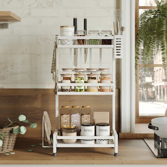 NETEL Multifunktional Gewürzregal Stehend, 3 Etagen Rostfrei Gewürzständer/Gewürzhalter, Küchenregal Organizer für Arbeitsplatte Aufbewahrung mit Utensilienhalter, Schneidebretthalter, Haken, Weiß