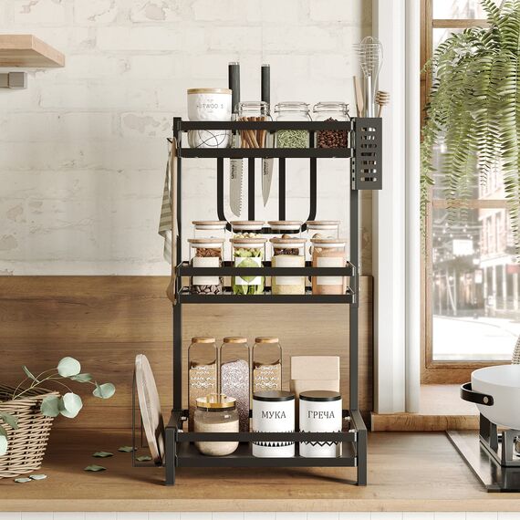 NETEL Multifunktional Gewürzregal Stehend, 3 Etagen Rostfrei Gewürzständer/Gewürzhalter, Küchenregal Organizer für Arbeitsplatte Aufbewahrung mit Utensilienhalter, Schneidebretthalter, Haken, Schwarz