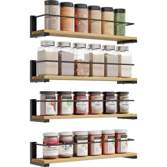 OROPY 4 Stück Gewürzregale Wandmontage für Küche, Gewürzhalter Organizer Hängend aus Kiefernholz, Küchenregal Wand Holz für Schranktür, Ankerkrautgläser, Gewürzdosen - Kiefernholz, 40x9cm