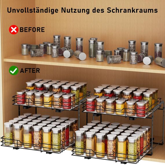 MAYZOLOP Gewürzregal Ausziehbar, Schrank Organizer Küche, 2 Etagen Gewürzaufbewahrung, Oberen und unteren Körbe können unabhängig herausgezogen werden, Höhenverstellbar für die meisten Küchenschränke1