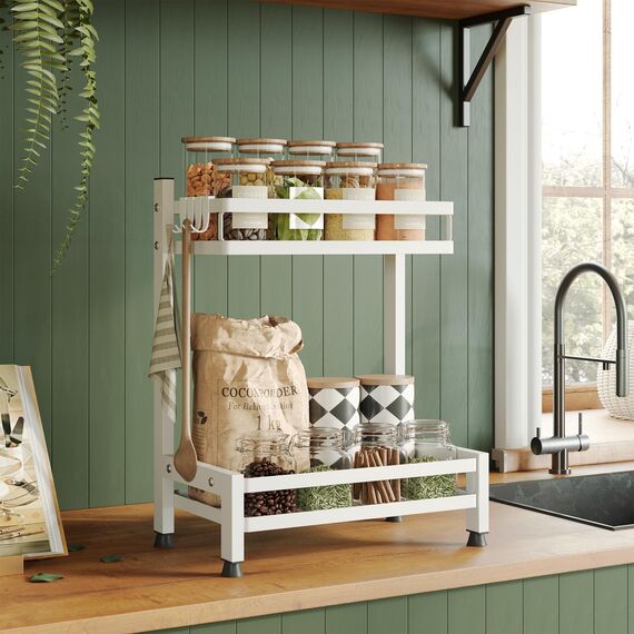 NETEL Multifunktional Gewürzregal Stehend, 2 Etagen Rostfrei Gewürzständer/Gewürzhalter, Küchenregal Organizer für 4 Haken, Weiß