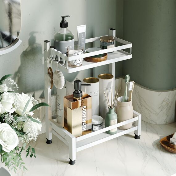 NETEL Multifunktional Gewürzregal Stehend, 2 Etagen Rostfrei Gewürzständer/Gewürzhalter, Küchenregal Organizer für 4 Haken, Weiß