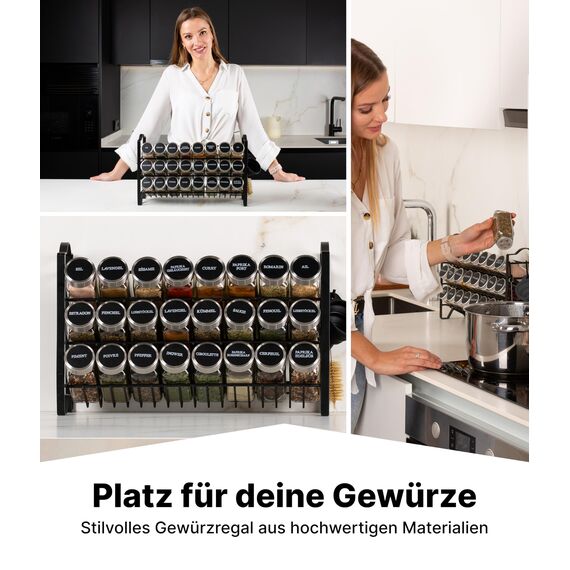 Deco haus® Gewürzregal Stehend & Wand [MIT GEWÜRZDOSEN & ETIKETTEN] - Spices Gewürz Organizer - Spice Rack - Gewürzständer - Gewürzregalsystem Hängend - Gewürzaufbewahrung - Gewürzgläser mit Regal
