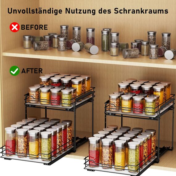 MAYZOLOP Gewürzregal Ausziehbar, Schrank Organizer Küche, 2 Etagen Gewürzaufbewahrung, Oberen und unteren Körbe können unabhängig herausgezogen werden, Höhenverstellbar für die meisten Küchenschränke