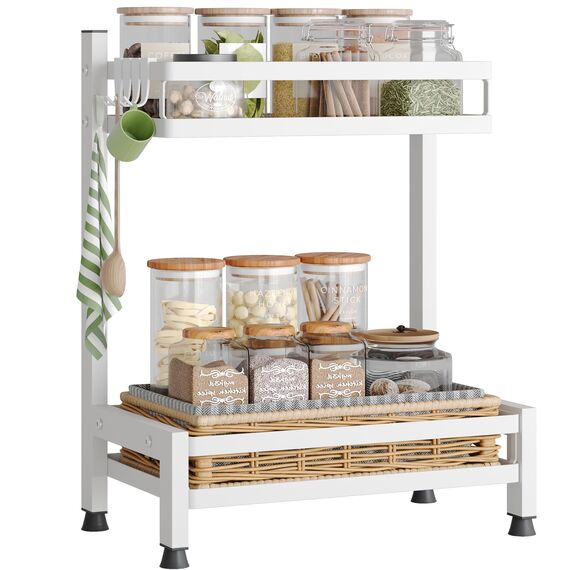 NETEL Multifunktional Gewürzregal Stehend, 2 Etagen Rostfrei Gewürzständer/Gewürzhalter, Küchenregal Organizer für 4 Haken, Weiß
