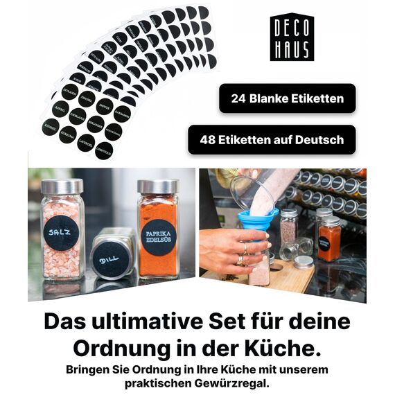 Deco haus® Gewürzregal Stehend & Wand [MIT GEWÜRZDOSEN & ETIKETTEN] - Spices Gewürz Organizer - Spice Rack - Gewürzständer - Gewürzregalsystem Hängend - Gewürzaufbewahrung - Gewürzgläser mit Regal