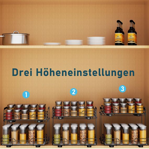 MAYZOLOP Gewürzregal Ausziehbar, Schrank Organizer Küche, 2 Etagen Gewürzaufbewahrung, Oberen und unteren Körbe können unabhängig herausgezogen werden, Höhenverstellbar für die meisten Küchenschränke