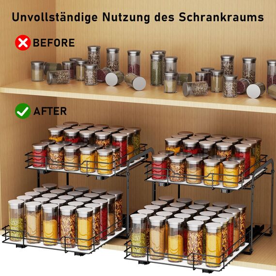 MAYZOLOP Gewürzregal Ausziehbar, Schrank Organizer Küche, 2 Etagen Gewürzaufbewahrung, Oberen und unteren Körbe können unabhängig herausgezogen werden, Höhenverstellbar für die meisten Küchenschränke