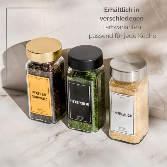 Greeano Gewürzgläser Set [24 x 120ml] mit 300 Gewürzetiketten [DE] - Gewürze Aufbewahrung mit Streueinsatz - Gewürzdosen Glas - Gewürzbehälter Glas - Gewürz Organizer - Spice Jars Gold