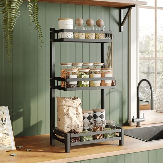 NETEL Multifunktional Gewürzregal Stehend, 3 Etagen Regal Küche Gewürzregal, Küchenregal Organizer für Arbeitsplatte Aufbewahrung mit 4 Haken,Verstellbare Füße, für Esszimmer, Küchen, Badezimmer