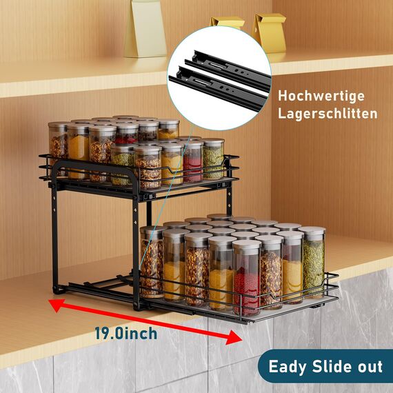 MAYZOLOP Gewürzregal Ausziehbar, Schrank Organizer Küche, 2 Etagen Gewürzaufbewahrung, Oberen und unteren Körbe können unabhängig herausgezogen werden, Höhenverstellbar für die meisten Küchenschränke