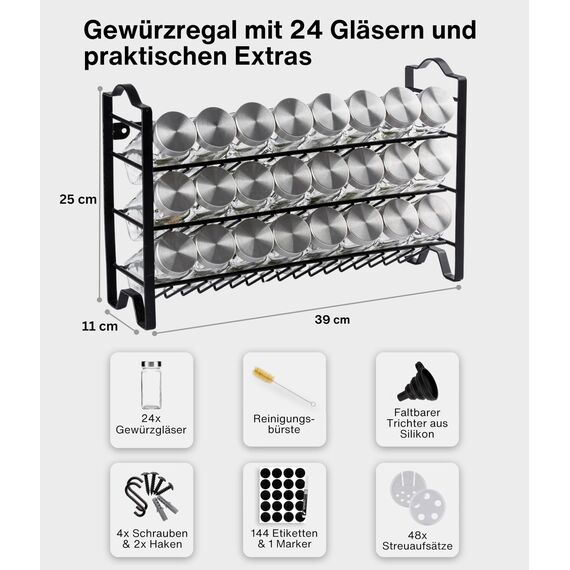 Deco haus® Gewürzregal Stehend & Wand [MIT GEWÜRZDOSEN & ETIKETTEN] - Spices Gewürz Organizer - Spice Rack - Gewürzständer - Gewürzregalsystem Hängend - Gewürzaufbewahrung - Gewürzgläser mit Regal