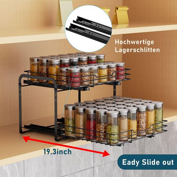MAYZOLOP Gewürzregal Ausziehbar, Schrank Organizer Küche, 2 Etagen Gewürzaufbewahrung, Oberen und unteren Körbe können unabhängig herausgezogen werden, Höhenverstellbar für die meisten Küchenschränke1