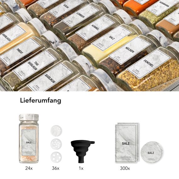 Greeano Mamor Weiß Gewürzgläser Set [24 x 120ml] mit 300 Gewürzetiketten [DE] - Gewürzgläser eckig mit Streueinsatz - Gewürzdosen Set - Gewürzbehälter Glas - mit Streueinsatz
