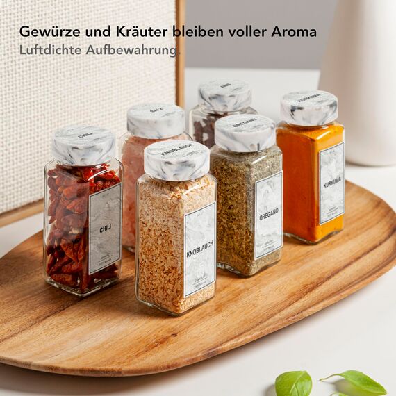 Greeano Mamor Weiß Gewürzgläser Set [24 x 120ml] mit 300 Gewürzetiketten [DE] - Gewürzgläser eckig mit Streueinsatz - Gewürzdosen Set - Gewürzbehälter Glas - mit Streueinsatz