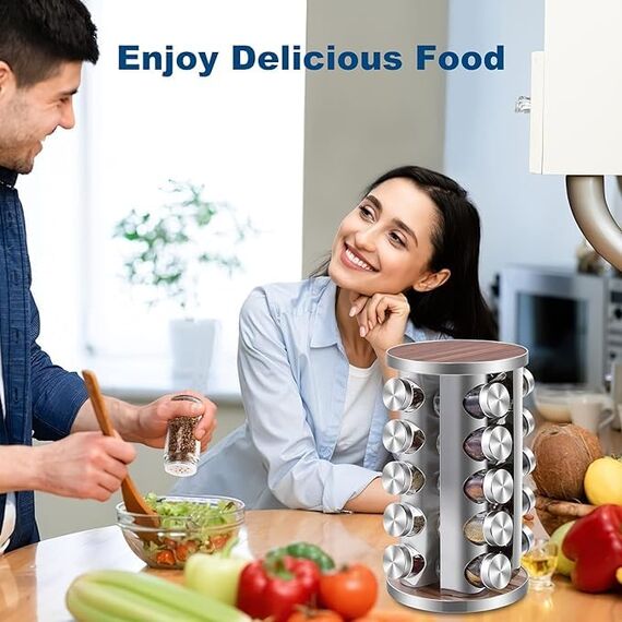 Gewürzregal mit 20 Gewürzgläsern 360° drehbar, Edelstahl Gewürzkarussell (430) mit Siebdeckeln, Gewürzständer stehend - Inkl. Etiketten, Stift & Trichter - Holzoptik, lebensmittelecht, staubdicht