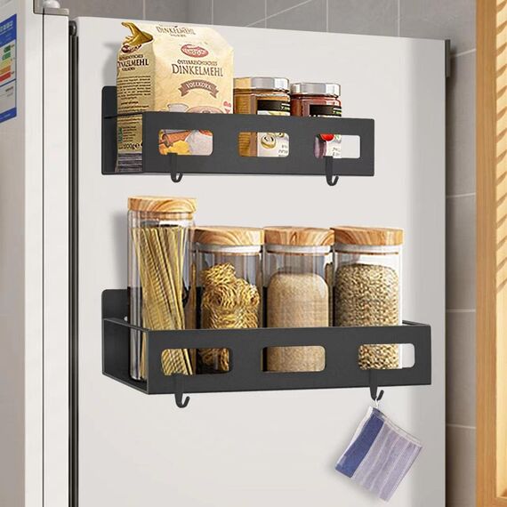 Luchs – 2er Set Magnetisches Regal für Kühlschrank aus Edelstahl, Hängeregal, Küchenregal, Gewürzregal, Kühlschrank Regal, Organizer inkl. 4 Haken (Schwarz (2 Größen))