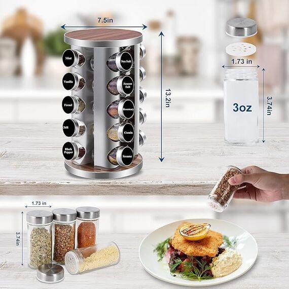 Gewürzregal mit 20 Gewürzgläsern 360° drehbar, Edelstahl Gewürzkarussell (430) mit Siebdeckeln, Gewürzständer stehend - Inkl. Etiketten, Stift & Trichter - Holzoptik, lebensmittelecht, staubdicht