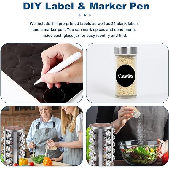 Gewürzregal mit 20 Gewürzgläsern 360° drehbar, Edelstahl Gewürzkarussell (430) mit Siebdeckeln, Gewürzständer stehend - Inkl. Etiketten, Stift & Trichter - Holzoptik, lebensmittelecht, staubdicht