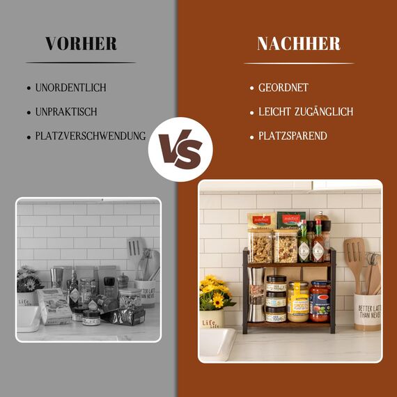 ANBOXIT Regal Küche Arbeitsplatte, Küchenregal Klein, Holz Kaffee Organizer, 2 Tier Kleines Regal für Küche Ecke, Büro, Badezimmer - Braun