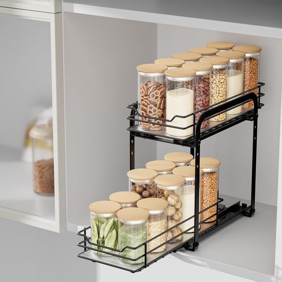 AIRUJIA Gewürzregal Ausziehbar, 2 Etagen Spülschrank Organizer, Gewürzregal Schrank, Spice Rack, Anhebbares Waschbecken Regal, Gewürz Organizerfür Für Küche, L26.4*B12.6*H23.3CM