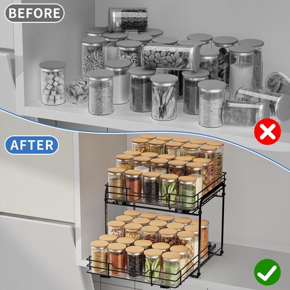 AIRUJIA Gewürzregal Ausziehbar, 2 Etagen Spülschrank Organizer, Gewürzregal Schrank, Spice Rack, Anhebbares Waschbecken Regal, Gewürz Organizerfür Für Küche, L27.2*B29.3*H24CM
