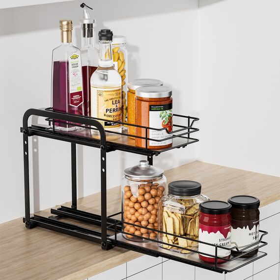 AIRUJIA Gewürzregal Ausziehbar, 2 Etagen Spülschrank Organizer, Gewürzregal Schrank, Spice Rack, Anhebbares Waschbecken Regal, Gewürz Organizerfür Für Küche, L26.4*B12.6*H23.3CM