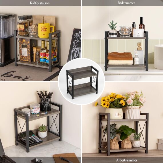 ANBOXIT Regal Küche Arbeitsplatte, Küchenregal Klein, Holz Kaffee Organizer, 2 Tier Kleines Regal für Küche Ecke, Büro, Badezimmer - Grau