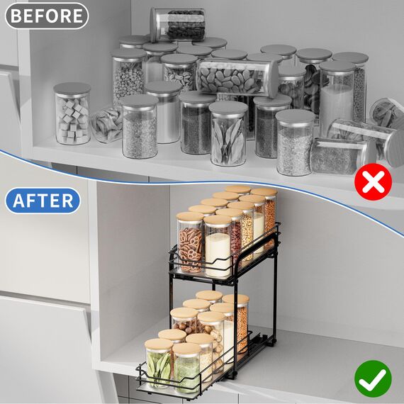 AIRUJIA Gewürzregal Ausziehbar, 2 Etagen Spülschrank Organizer, Gewürzregal Schrank, Spice Rack, Anhebbares Waschbecken Regal, Gewürz Organizerfür Für Küche, L26.4*B12.6*H23.3CM