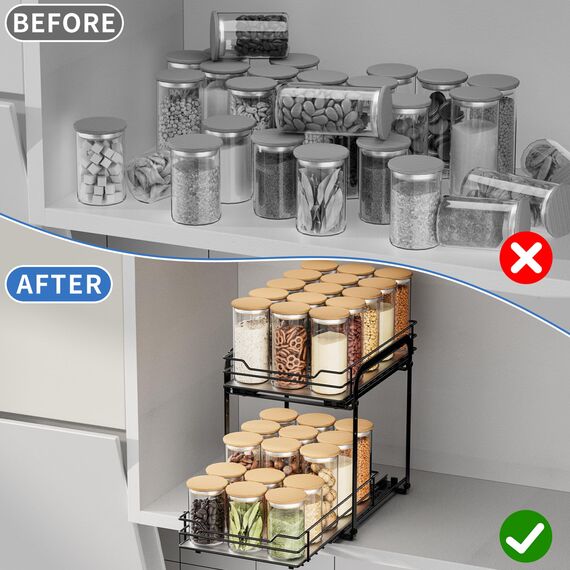 AIRUJIA Gewürzregal Ausziehbar, 2 Etagen Spülschrank Organizer, Gewürzregal Schrank, Spice Rack, Anhebbares Waschbecken Regal, Gewürz Organizerfür Für Küche, L26.4*B18.2*H23CM