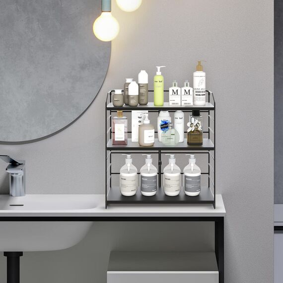 AIRUJIA Gewürzregal aus Metall, 3 Ebenen verstellbares Küchenregal, Schreibtisch Organizer Geeignet für in Küche, Bad und Schlafzimmer, Küchenregal Stehend Aufbewahrung Badezimmer Schwarz