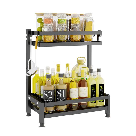 Mointal Stehend Arbeitsplatte Gewürzregal, 2-Stufig Küche Gewürz Aufbewahrung Organisator Stand, Küche Arbeitsplatte Regal, Eck Gewürzregal für Gewürze, Gewürzglashalter mit 4 Haken, Schwarz