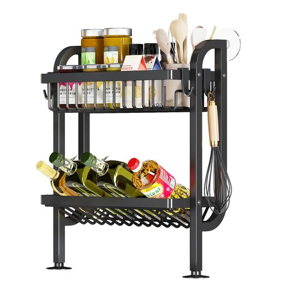 Mointal Gewürzregal für Arbeitsplatte, 2-stöckiges Standregal mit Wandstütze & Saugnäpfen, Küchenorganizer Ohne Bohren, Schwarz