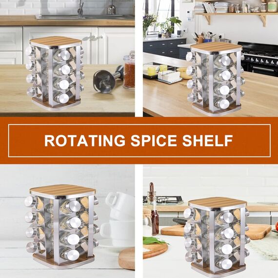 Amalan eu 360° Drehbares Gewürzregal aus Edelstahl mit 16 Gewürzgläsern – Gewürzorganizer Karussell für Küche, Spice Rack Drehteller aus Holz & Glas – Platzsparend, Rostfrei, BPA-frei