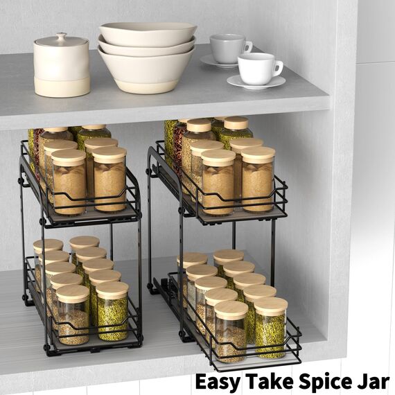 AIRUJIA Gewürzregal Ausziehbar, 2 Etagen Spülschrank Organizer, Gewürzregal Schrank, Spice Rack, Anhebbares Waschbecken Regal, Gewürz Organizerfür Für Küche, L26.4*B12.6*H23.3CM