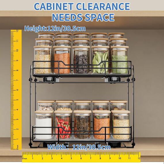 AIRUJIA Gewürzregal Ausziehbar, 2 Etagen Spülschrank Organizer, Gewürzregal Schrank, Spice Rack, Anhebbares Waschbecken Regal, Gewürz Organizerfür Für Küche, L27.2*B29.3*H24CM
