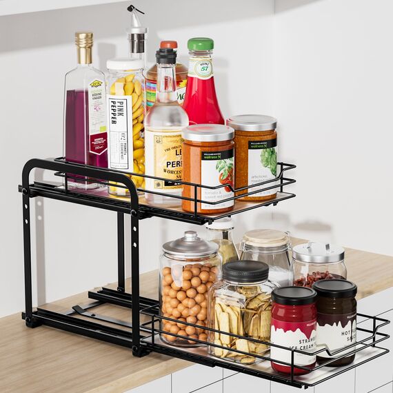 AIRUJIA Gewürzregal Ausziehbar, 2 Etagen Spülschrank Organizer, Gewürzregal Schrank, Spice Rack, Anhebbares Waschbecken Regal, Gewürz Organizerfür Für Küche, L26.4*B18.2*H23CM