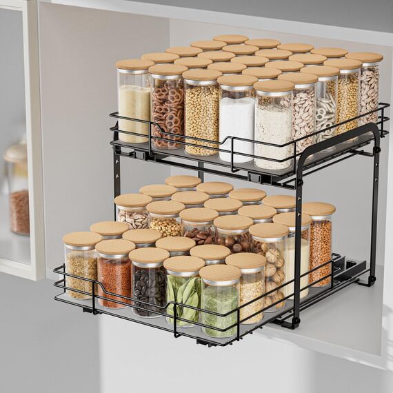 AIRUJIA Gewürzregal Ausziehbar, 2 Etagen Spülschrank Organizer, Gewürzregal Schrank, Spice Rack, Anhebbares Waschbecken Regal, Gewürz Organizerfür Für Küche, L27.2*B29.3*H24CM