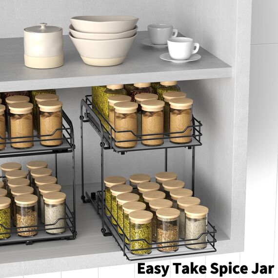 AIRUJIA Gewürzregal Ausziehbar, 2 Etagen Spülschrank Organizer, Gewürzregal Schrank, Spice Rack, Anhebbares Waschbecken Regal, Gewürz Organizerfür Für Küche, L26.4*B18.2*H23CM
